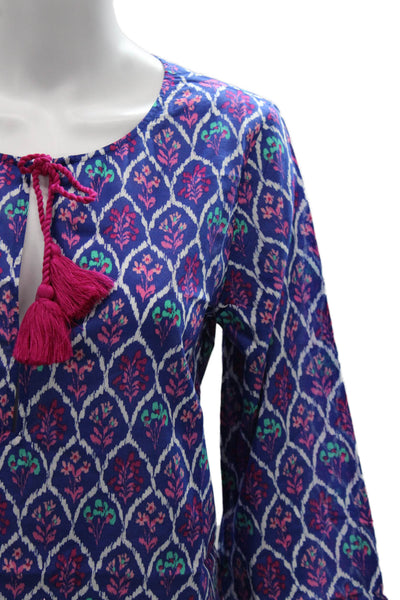 J Crew Womens Tunic Blouse Blue Geometric Cotton Round Neck 3/4 Sleeve Size S
