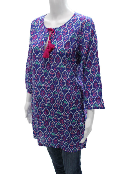 J Crew Womens Tunic Blouse Blue Geometric Cotton Round Neck 3/4 Sleeve Size S