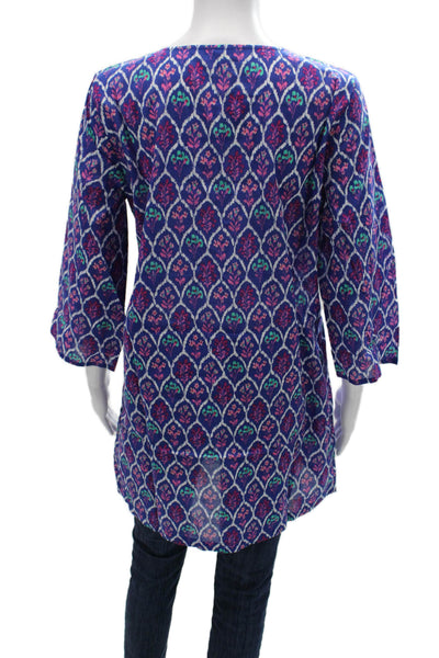 J Crew Womens Tunic Blouse Blue Geometric Cotton Round Neck 3/4 Sleeve Size S