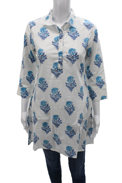 Victoria Dunn Women Tunic Button-Up White Floral 3/4 Sleeve Size XS