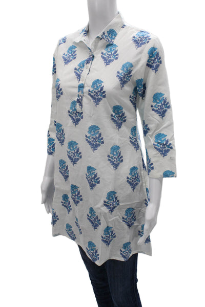 Victoria Dunn Women Tunic Button-Up White Floral 3/4 Sleeve Size XS