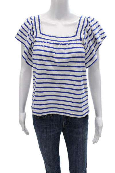 J Crew Womens Blue Striped Cotton Square Neck Short Sleeve Blouse Size S