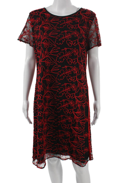 Rene Lezard Women Black Floral Short Sleeve Shift Dress Size 38