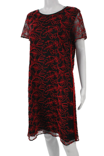 Rene Lezard Women Black Floral Short Sleeve Shift Dress Size 38