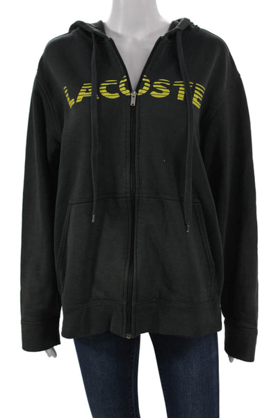 Lacoste Unisex Adults Full Zip Hoodie Black Cotton V-Neck Long Sleeve Size 5