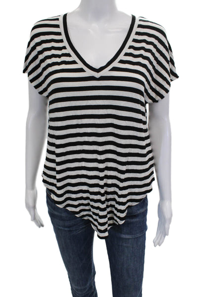 Bailey 44 Women Black Striped Rayon V-Neck Short Sleeve Basic T-Shirt Size S