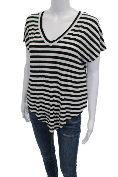 Bailey 44 Women Black Striped Rayon V-Neck Short Sleeve Basic T-Shirt Size S