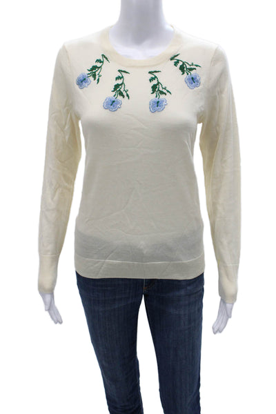 J Crew Womens Pullover Merino Wool Crew Neck Floral Ivory Long Sleeve Size S