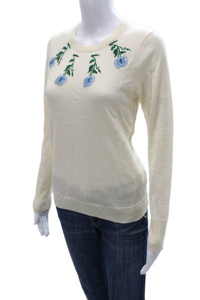 J Crew Womens Pullover Merino Wool Crew Neck Floral Ivory Long Sleeve Size S