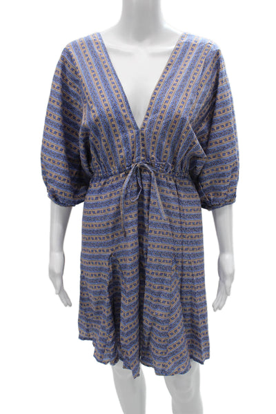 Madison Mathews Women Blue Striped Cotton Kaftan Dress VNeck Sleeve Size XS