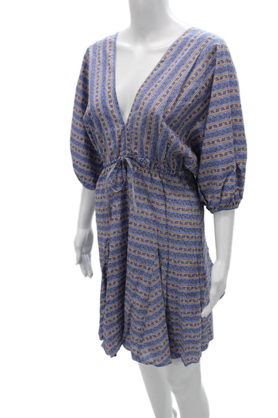 Madison Mathews Women Blue Striped Cotton Kaftan Dress VNeck Sleeve Size XS
