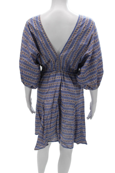 Madison Mathews Women Blue Striped Cotton Kaftan Dress VNeck Sleeve Size XS