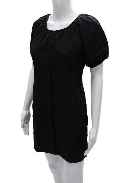 J Crew Womens Petite Black Linen Shift Dress Short Sleeve Tie Round Neck Size 4