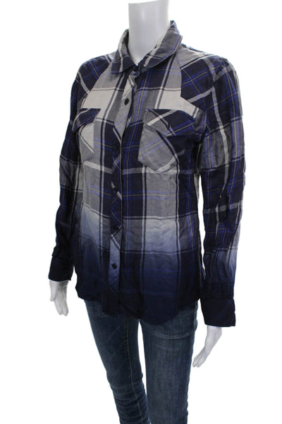 Rails Womens Basic Collared Plaid Tencel Button-Up Long Sleeve Blue Size XS