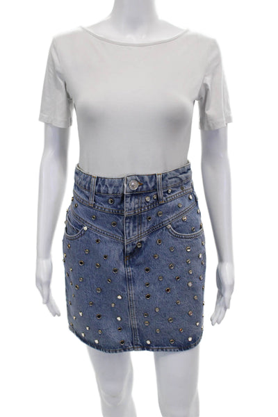 Sandro Women Blue Cotton Straight Pencil Skirt Button Closure Size 1