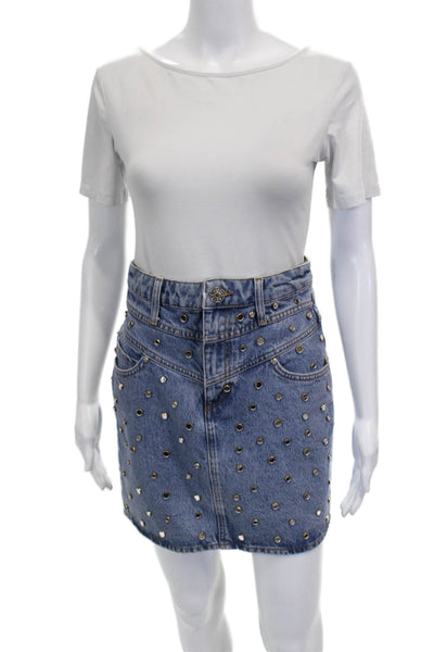 Sandro Women Blue Cotton Straight Pencil Skirt Button Closure Size 1