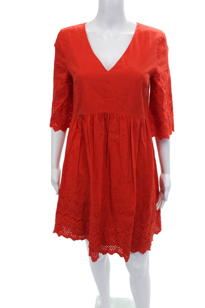 Madewell Women Red Fit & Flare V-Neck 3/4 Sleeve Cotton Dress Size 4