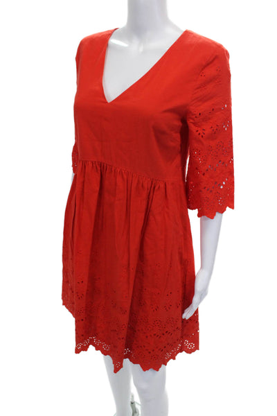 Madewell Women Red Fit & Flare V-Neck 3/4 Sleeve Cotton Dress Size 4