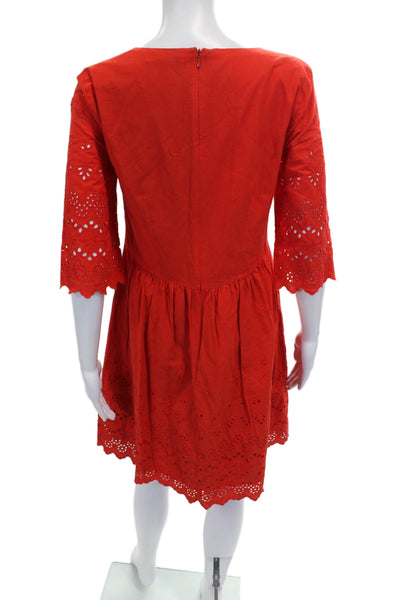 Madewell Women Red Fit & Flare V-Neck 3/4 Sleeve Cotton Dress Size 4