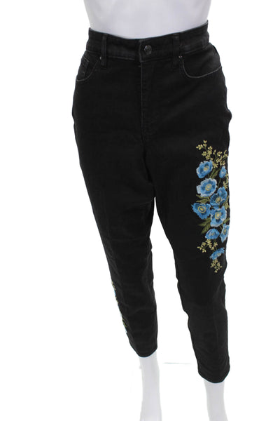 Martha Women Black Floral High Rise Tapered Jeans Cotton Blend Size 10