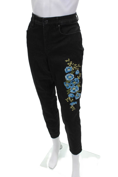 Martha Women Black Floral High Rise Tapered Jeans Cotton Blend Size 10