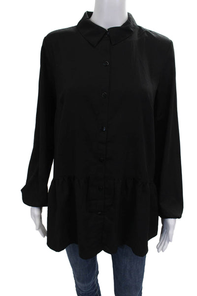Logo Lori Goldstein Women Tunic Blouse Black Collared Long Sleeve Button Size S