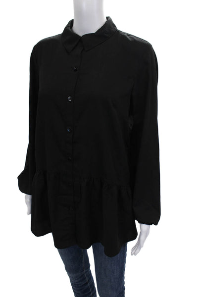 Logo Lori Goldstein Women Tunic Blouse Black Collared Long Sleeve Button Size S