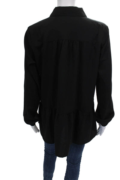 Logo Lori Goldstein Women Tunic Blouse Black Collared Long Sleeve Button Size S