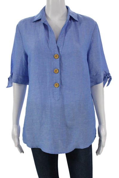 J. Mclaughlin Womens Linen Tunic Blouse Blue Collared Short Sleeve Size M