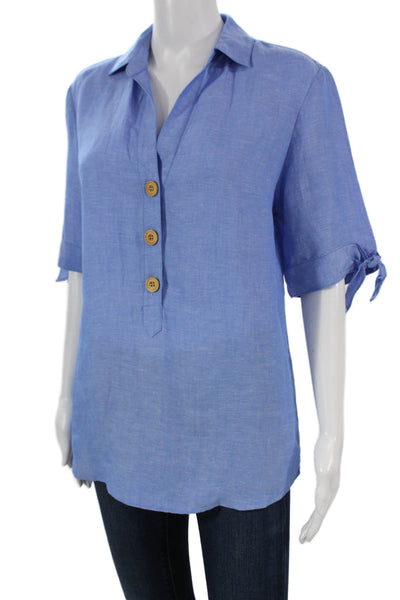 J. Mclaughlin Womens Linen Tunic Blouse Blue Collared Short Sleeve Size M