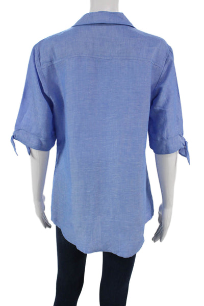 J. Mclaughlin Womens Linen Tunic Blouse Blue Collared Short Sleeve Size M