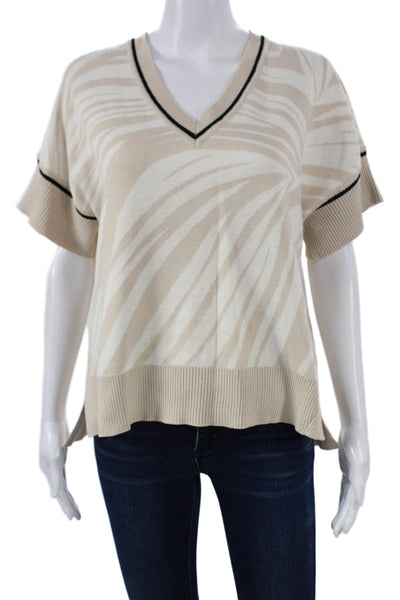 Lysse Women Beige Animal Print V-Neck Short Sleeve Pullover Cotton Blend Size M