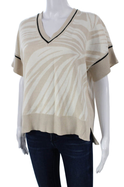Lysse Women Beige Animal Print V-Neck Short Sleeve Pullover Cotton Blend Size M