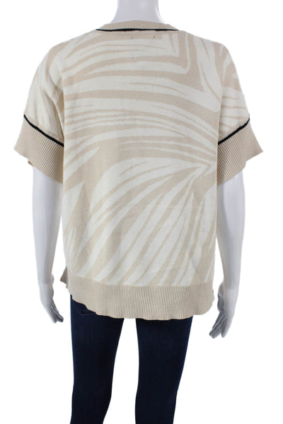 Lysse Women Beige Animal Print V-Neck Short Sleeve Pullover Cotton Blend Size M