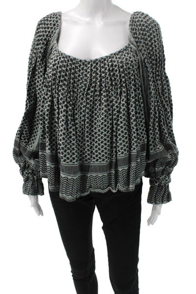 Cecilie Womens Tunic Gray Cotton Square Neck Geometric Long Sleeve Size M