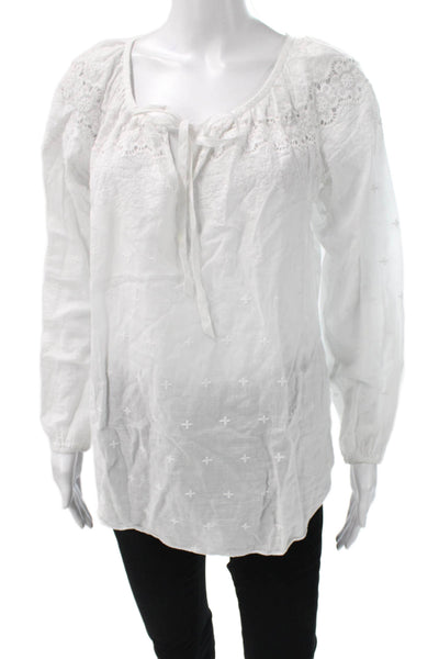 Rebecca Taylor Women White Cotton Tunic Blouse Scoop Neck Long Sleeve Size 8