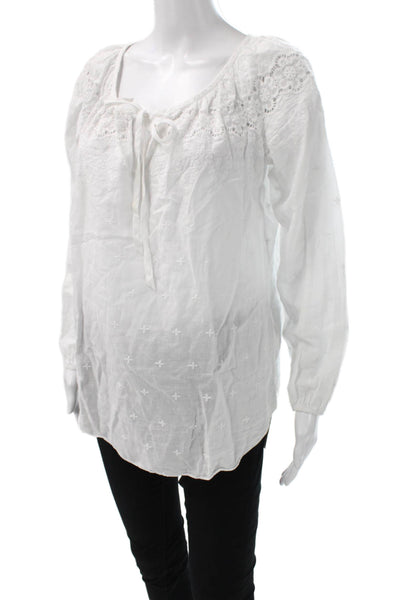 Rebecca Taylor Women White Cotton Tunic Blouse Scoop Neck Long Sleeve Size 8