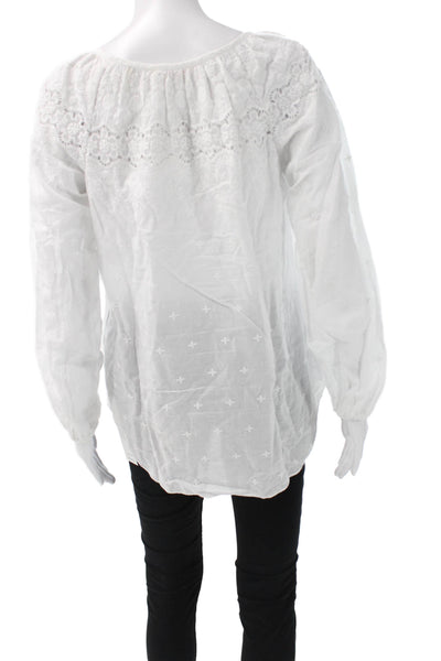 Rebecca Taylor Women White Cotton Tunic Blouse Scoop Neck Long Sleeve Size 8