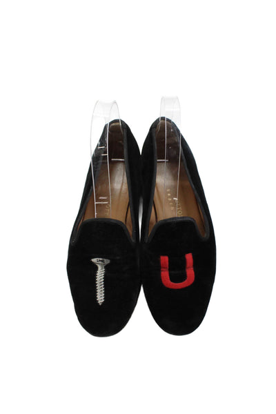 Stubbs & Wootton Womens Velvet Embroidered Loafer Shoes Black Size 7