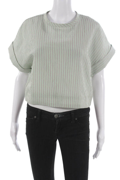 Madewell Women Cropped Striped Blouse Crew Neck Short Sleeve Green Size XS