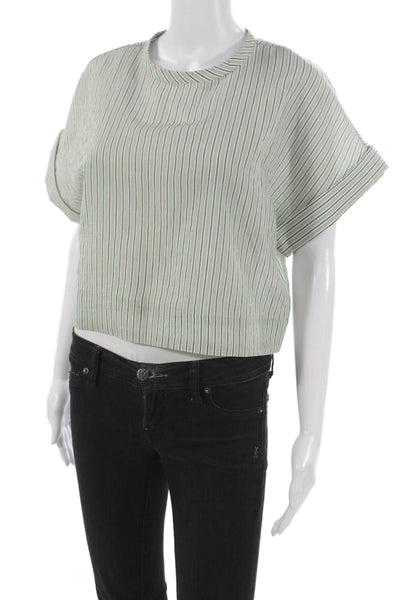 Madewell Women Cropped Striped Blouse Crew Neck Short Sleeve Green Size XS