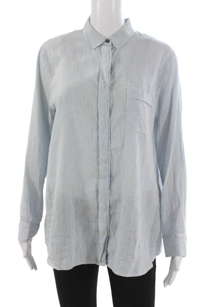 Pomandere Women Basic Striped Cotton Collared Button-Up Long Sleeve Top Size 38
