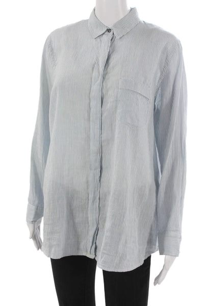 Pomandere Women Basic Striped Cotton Collared Button-Up Long Sleeve Top Size 38