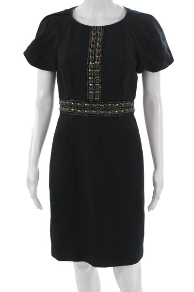Tibi Womens Sheath Dress Black Cotton Short Sleeve Round Neck Zip Size 6