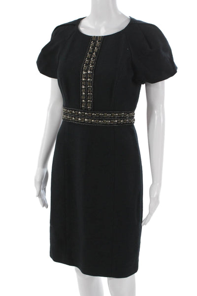 Tibi Womens Sheath Dress Black Cotton Short Sleeve Round Neck Zip Size 6