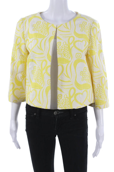 Trina Turk Womens White Geometric Cotton Blend Basic Jacket 3/4 Sleeve Size 8