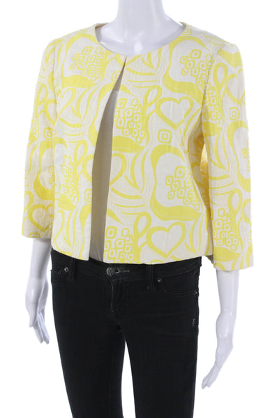 Trina Turk Womens White Geometric Cotton Blend Basic Jacket 3/4 Sleeve Size 8