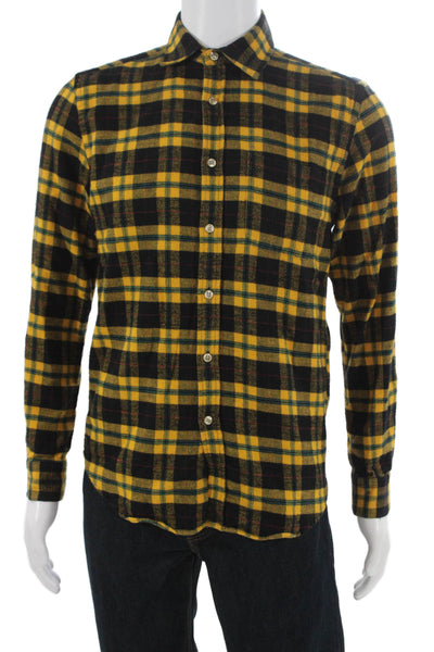 Portuguese Mens Plaid Collared Long Sleeve Button-Down Shirt Yellow Size S