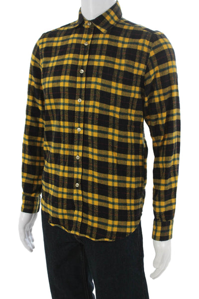 Portuguese Mens Plaid Collared Long Sleeve Button-Down Shirt Yellow Size S