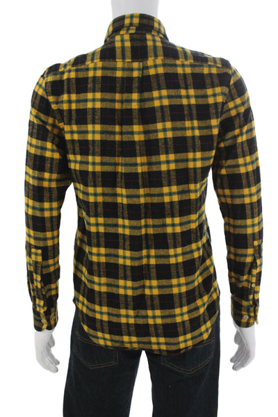 Portuguese Mens Plaid Collared Long Sleeve Button-Down Shirt Yellow Size S